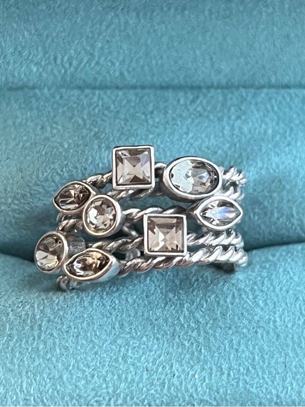 Silver-Tone Adjustable Wrap Cocktail Ring Multi-Row Twisted Rope Clear
Crystals